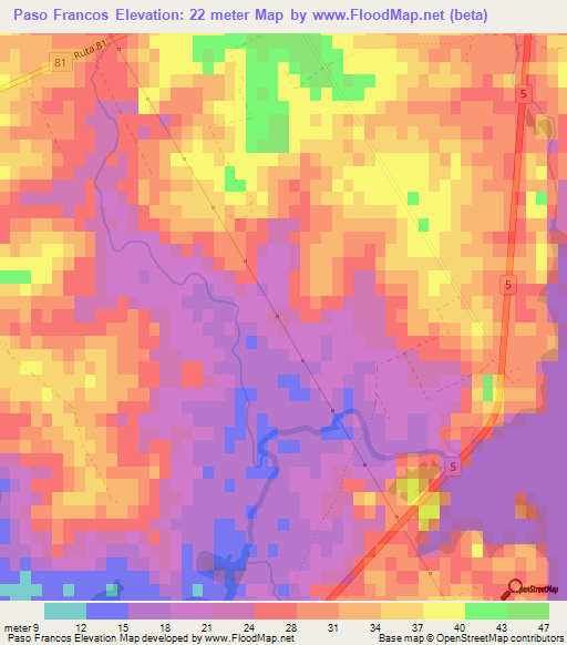 Paso Francos,Uruguay Elevation Map