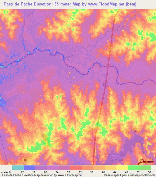 Paso de Pache,Uruguay Elevation Map