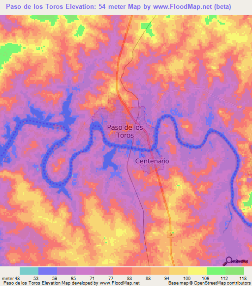 Paso de los Toros,Uruguay Elevation Map