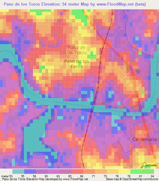 Paso de los Toros,Uruguay Elevation Map