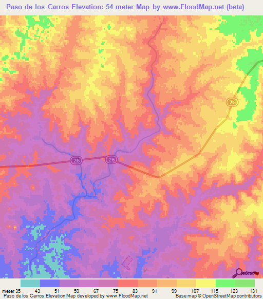 Paso de los Carros,Uruguay Elevation Map
