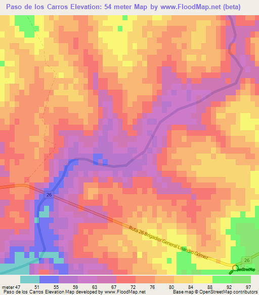 Paso de los Carros,Uruguay Elevation Map