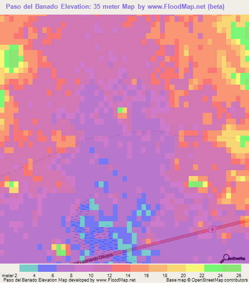 Paso del Banado,Uruguay Elevation Map