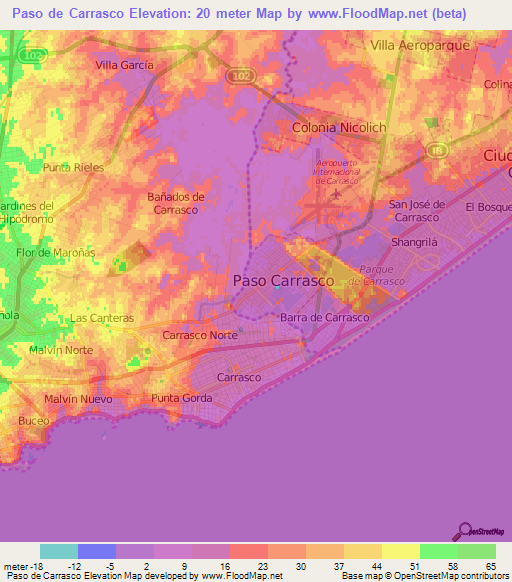 Paso de Carrasco,Uruguay Elevation Map