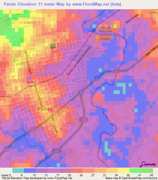 Pando,Uruguay Elevation Map