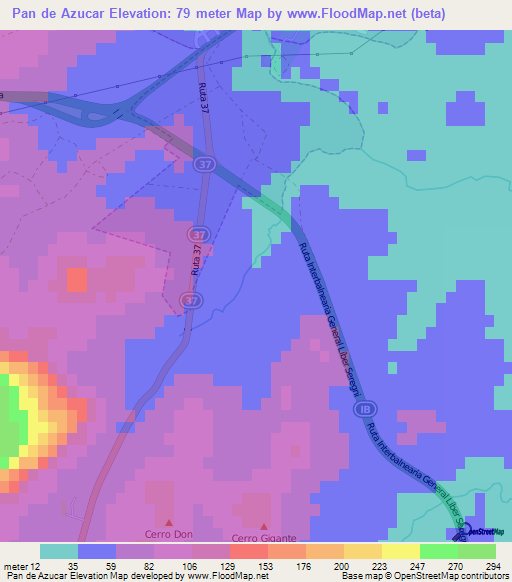 Pan de Azucar,Uruguay Elevation Map