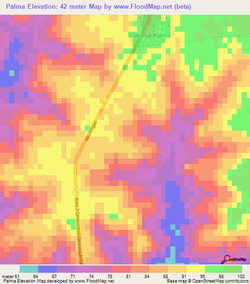 Palma,Uruguay Elevation Map
