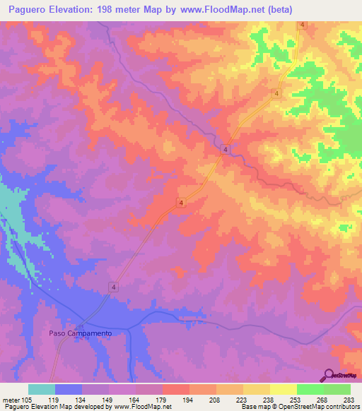 Paguero,Uruguay Elevation Map