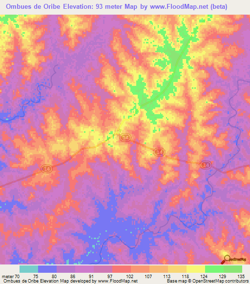 Ombues de Oribe,Uruguay Elevation Map