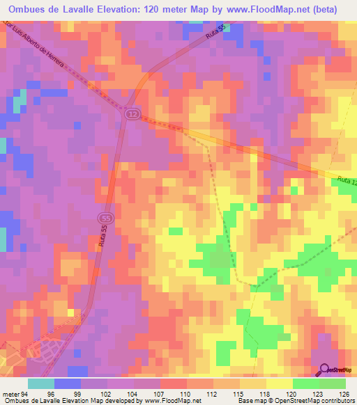 Ombues de Lavalle,Uruguay Elevation Map