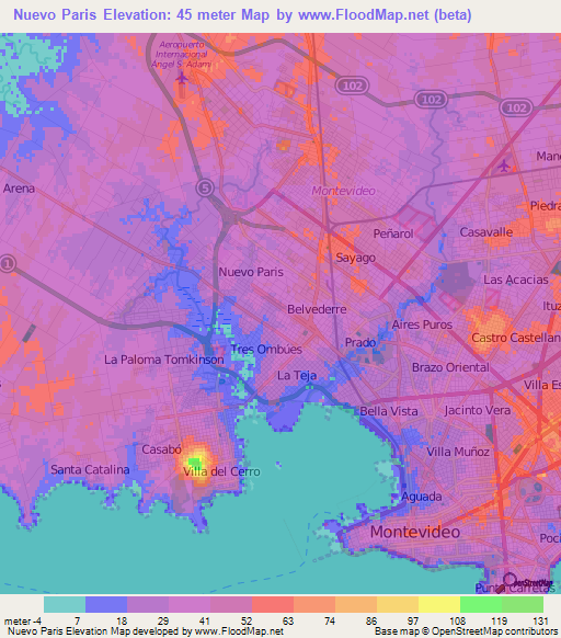 Nuevo Paris,Uruguay Elevation Map