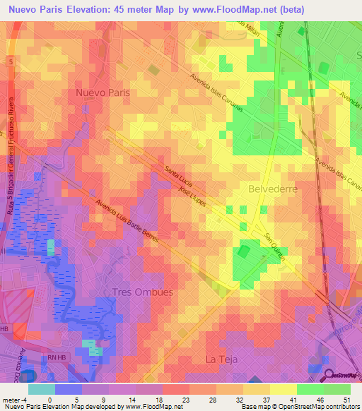 Nuevo Paris,Uruguay Elevation Map