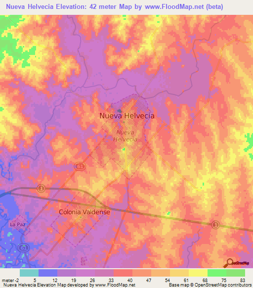Nueva Helvecia,Uruguay Elevation Map