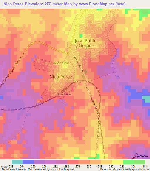 Nico Perez,Uruguay Elevation Map