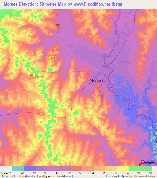 Montes,Uruguay Elevation Map