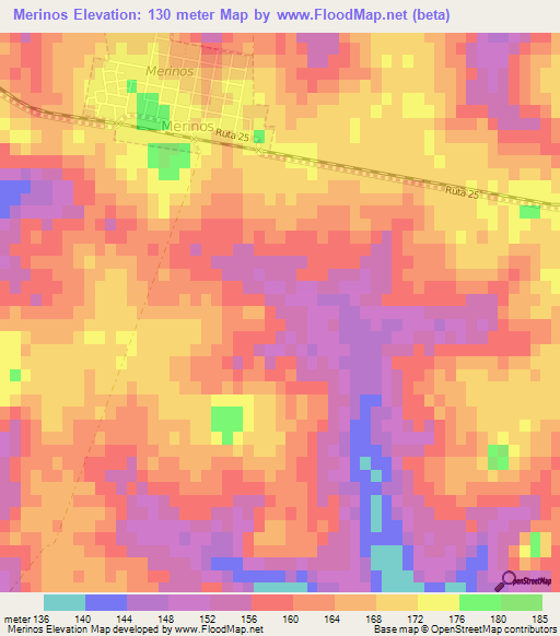 Merinos,Uruguay Elevation Map