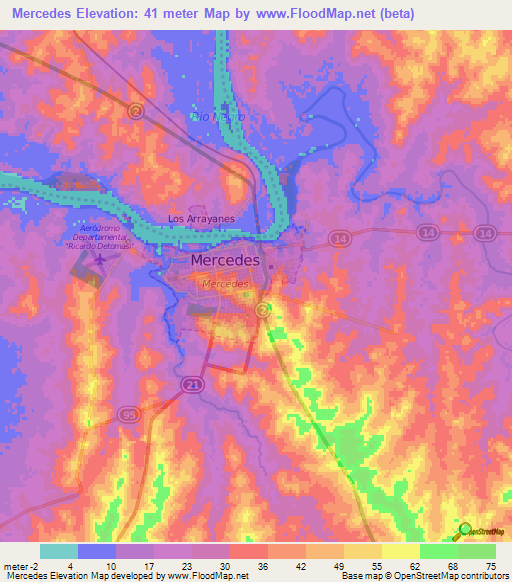 Mercedes,Uruguay Elevation Map