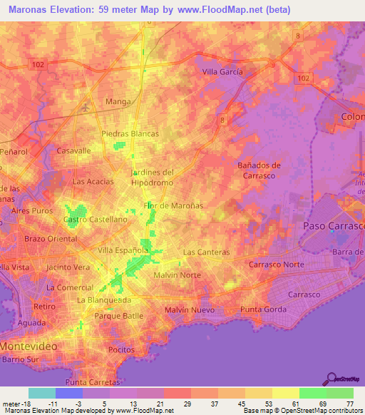 Maronas,Uruguay Elevation Map