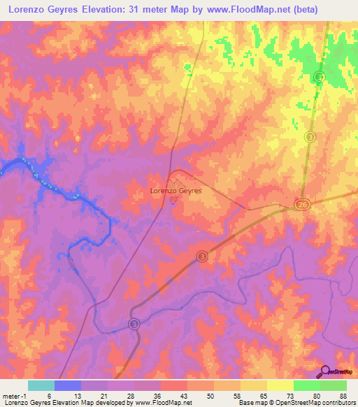 Lorenzo Geyres,Uruguay Elevation Map