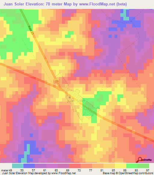 Juan Soler,Uruguay Elevation Map