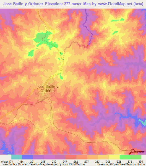 Jose Batlle y Ordonez,Uruguay Elevation Map