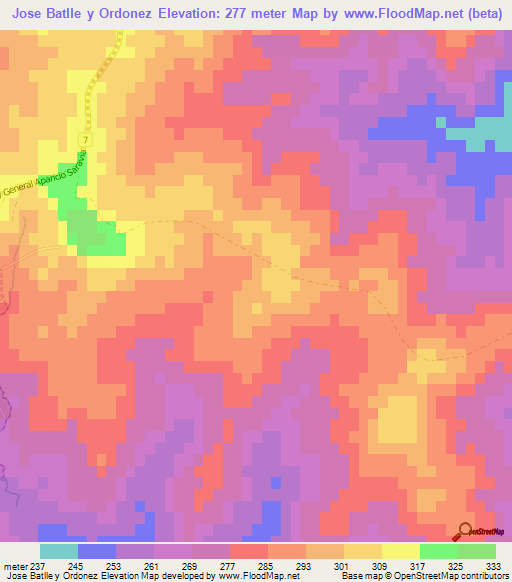 Jose Batlle y Ordonez,Uruguay Elevation Map