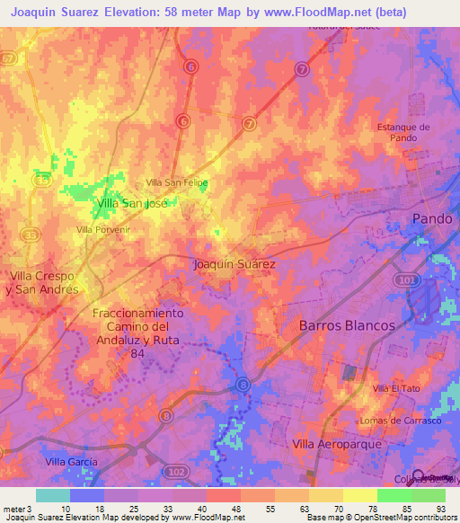 Joaquin Suarez,Uruguay Elevation Map