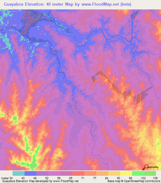 Guayabos,Uruguay Elevation Map