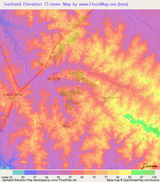Garibaldi,Uruguay Elevation Map