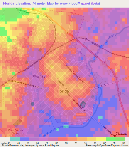Florida,Uruguay Elevation Map