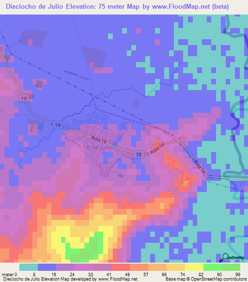 Dieciocho de Julio,Uruguay Elevation Map