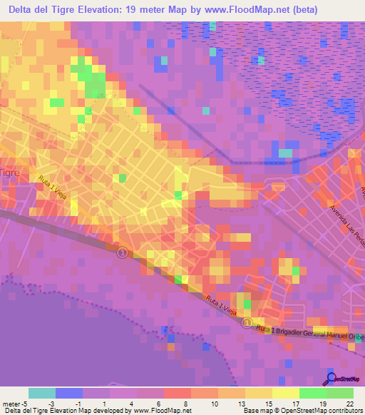 Delta del Tigre,Uruguay Elevation Map