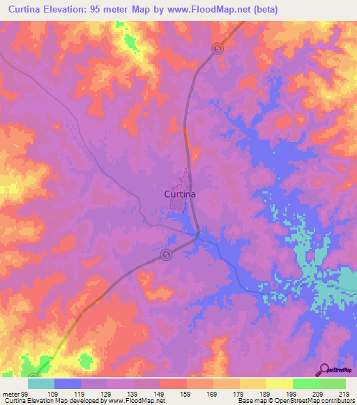 Curtina,Uruguay Elevation Map