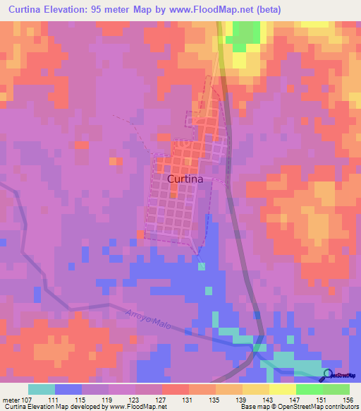 Curtina,Uruguay Elevation Map