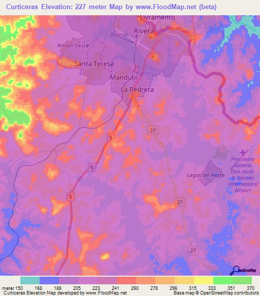 Curticeras,Uruguay Elevation Map