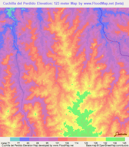 Cuchilla del Perdido,Uruguay Elevation Map