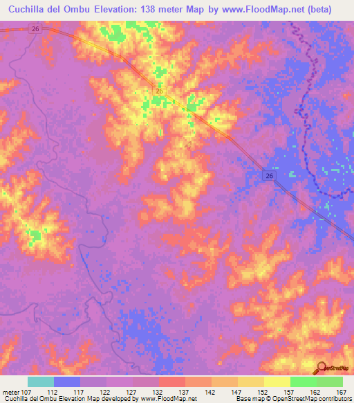Cuchilla del Ombu,Uruguay Elevation Map