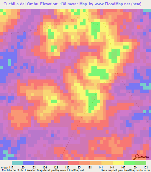 Cuchilla del Ombu,Uruguay Elevation Map