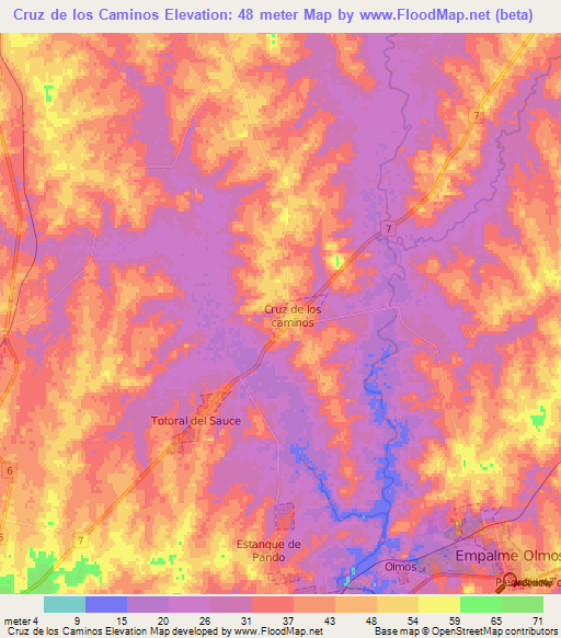 Cruz de los Caminos,Uruguay Elevation Map