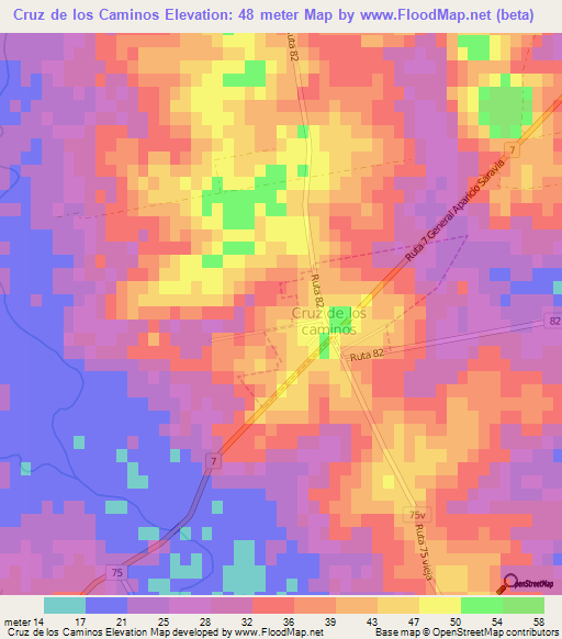 Cruz de los Caminos,Uruguay Elevation Map