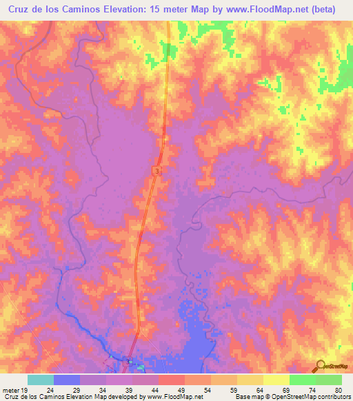 Cruz de los Caminos,Uruguay Elevation Map