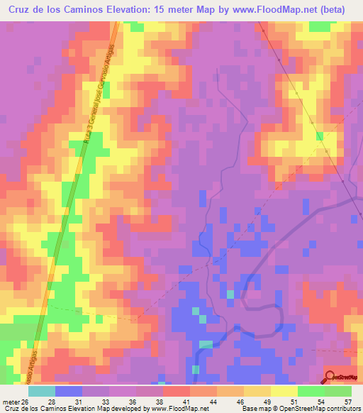Cruz de los Caminos,Uruguay Elevation Map