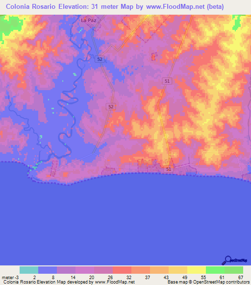 Colonia Rosario,Uruguay Elevation Map