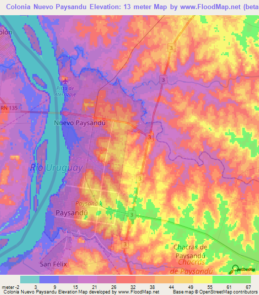 Colonia Nuevo Paysandu,Uruguay Elevation Map