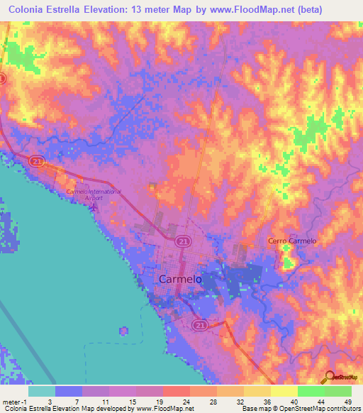 Colonia Estrella,Uruguay Elevation Map