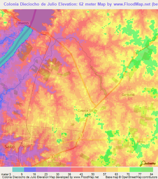 Colonia Dieciocho de Julio,Uruguay Elevation Map
