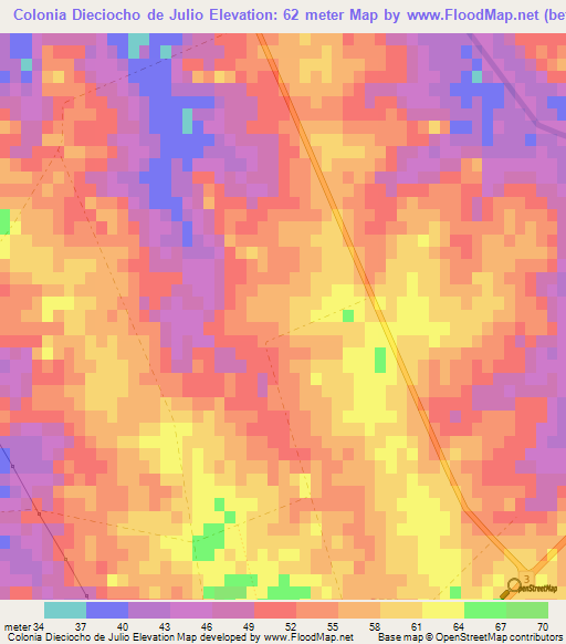 Colonia Dieciocho de Julio,Uruguay Elevation Map