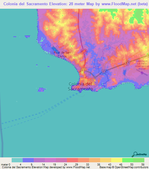 Colonia del Sacramento,Uruguay Elevation Map