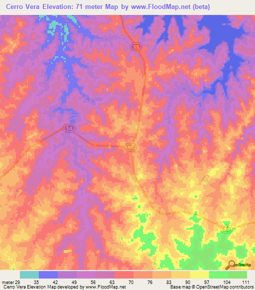 Cerro Vera,Uruguay Elevation Map