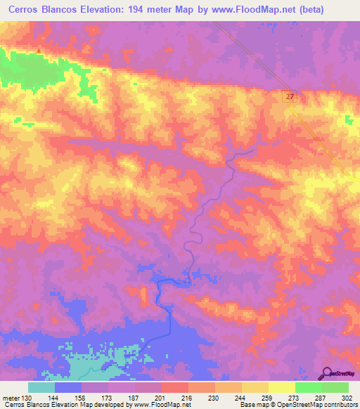 Cerros Blancos,Uruguay Elevation Map